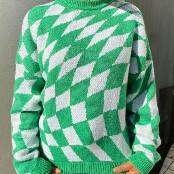 Lisa Says Gah Green Warped Psychedelic Checkered Cropped Sweater Sz XS/S - Picture 3 of 7